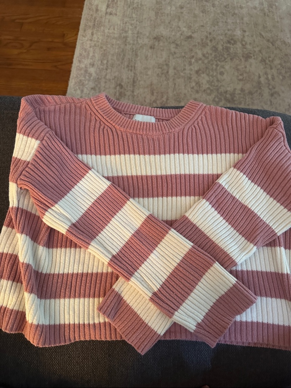 Pink Rose Striped Ribbed Crewneck Sweater in Dusty Pink and Cream